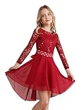 Freebily Robe Princesse Soiree Fille Enfant Robe De Ceremonie Mariage Manche Longue Dentelle Strass Chiffon A-Ligne Robes Ecole Eté Fete Party Rouge 11-12 Ans