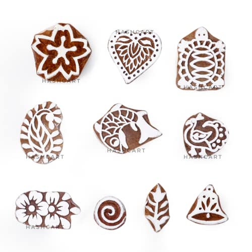 Image of Hashcart | Set of 10 | Wooden Multi Design & Floral Shapes baren for Block Printing | Wooden Stamps for Project Making | Fabric Textile Designing | Scrapbooking | Clay | Pottery Craft