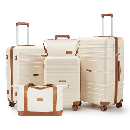 Luggage Set 3 Piece Luggage with TSA Lock,Hardshell PC+ABS Spinner Wheels,Carry on Lightweight Suitcase,YKK Zippers (Beige, 5 piece suitcase sets （20/24/28/DB/TB）)
