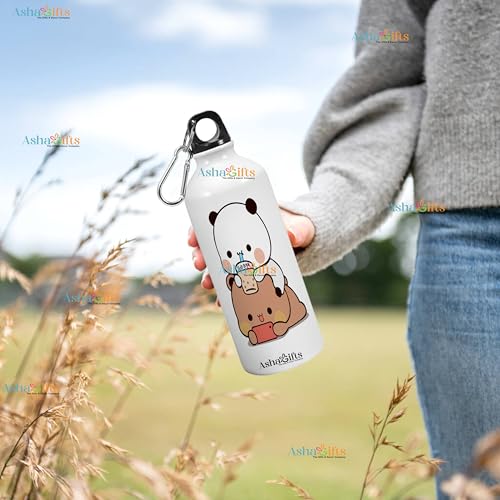 Image of Bubu Dudu Love Gift for Birthday /Anniversary Sipper Water Bottle Aluminium with Coffee Mug, Wooden Keychain Combo Pack Mini Greeting Card (Design-1)