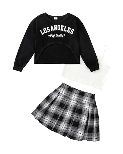 Yhnslsf Girls Outfits 3 Piece Clothing Set Size 7 Black Girls Tank Tops Plaid Mini Skirt Long Sleeve Letter Printed Crop Sweatshirt Teen Clothes Size 8 for Girl Fall Winter Plaid Skirts Suits