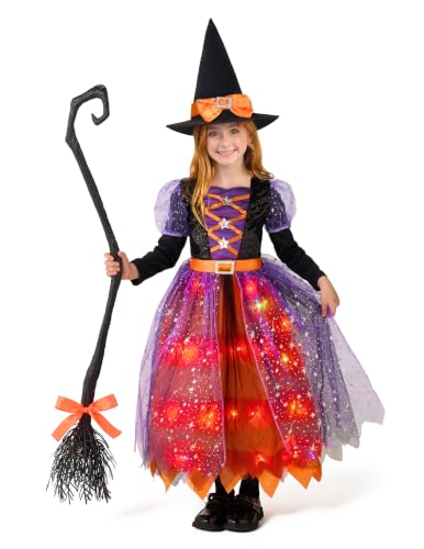 Spooktacular Creations Orange Light-Up Witch Halloween Costume for Girls with Hat and Broom