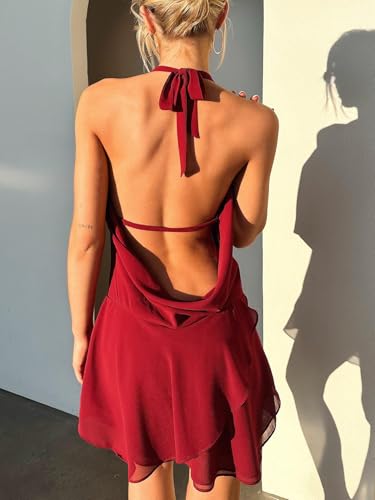 Image of Women Halter V Neck Mini Dress Sexy Sleeveless Backless Slim Fit Party Club Short Dress Y2K Beach Sundress