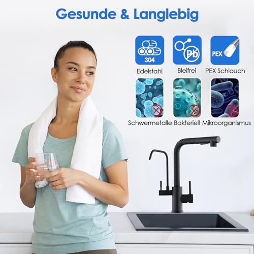 ROVOGO 3 Wege Wasserhahn Küche mit Filter, Küchenarmatur Schwarz Hochdruck mit Herausziehbare Dual-Spülbrause, 360° Schwenkbar Spültischarmatur Doppelhebel, Edelstahl 304 Mischbatterie Küche L-Auslauf