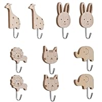 12Pcs Wooden Animal Wall Hooks, Kids Coat Hooks, Adhesive Sticky Hooks, 12pcs Animal Theme Decorations, Cats, Lions, Rabbits, Giraffes, Elephant, Whale Shapes, Kids Room, Nursery, Bedroom Decor