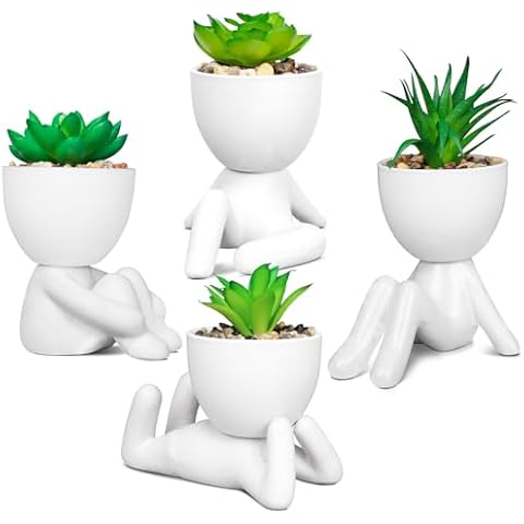 SEMSOIIO Pack of 4 White Mini Artificial Succulents, Ceramic Humanoid Greenery, Artificial Fake Plants, Bathroom Plants for Bathroom Decoration, Indoor Office, Christmas Decorations Cover