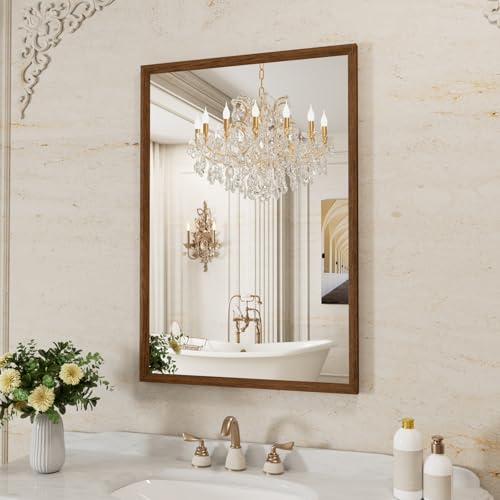 Image of WEER Brown Bathroom Mirror, 60 x 90 cm, Polymer Frame, Rectangular Wall Mirror with Wood Look, Waterproof Vintage Mirror for Bathroom, Bedroom, Living Room, Horizontal or Vertical