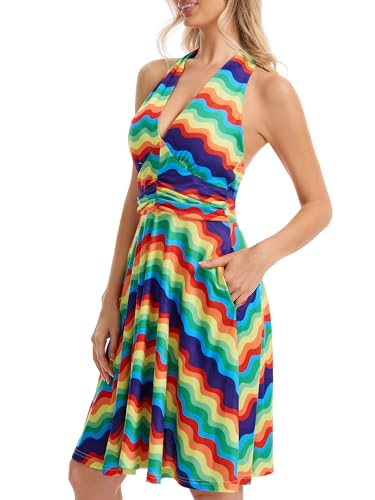 Image of Women's Summer Sundress- 2025 Sexy Halter Sleeveless Spring Boho Elastic Waist Ruffle Mini Dress