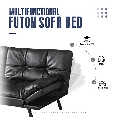 Iululu Futon Bed, Faux Leather Sofa Couch With Memory Foam, Modern Convertible Sleeper Daybed With Adjustable Armrests For Studio, Apartment, Office, Dorm, Easy Assembly, Black #TOP2