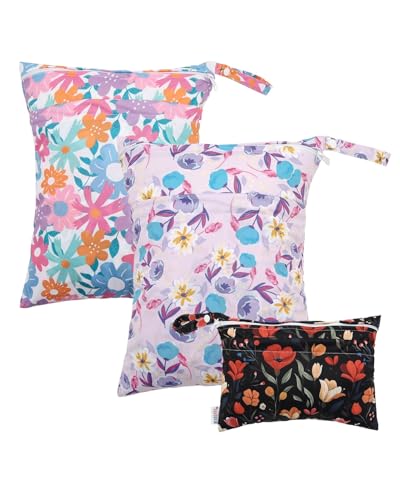 Image of ALVABABY 3 Cloth Diaper Wet Dry Bags Waterproof Reusable with Two Zippered Pockets Travel Beach Pool Daycare Soiled Baby Items Yoga Gym Bag for Swimsuits or Wet Clothes Small medium Large 3L-SML07