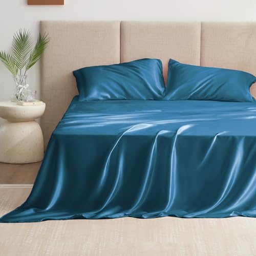 Love's cabin Satin King Sheet Sets - 4 Piece Teal Silky Sheets King Size Bed Set with Deep Pocket, Luxury Silk Feel King Size Satin Sheet Set (1 Flat Sheet,1 Fitted Sheet,2 Pillow Cases)