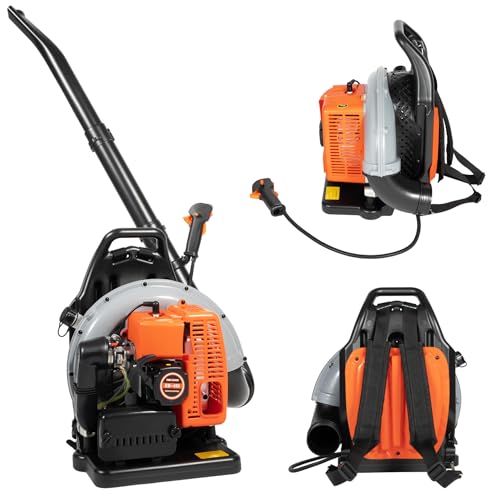 Mochila soplador de hojas gasolina 63 CC motor de 2 tiempos 2,7 kW | con 6800 rpm y depósito de 1,8 l | salida ignífuga ajustable 120°+135° para hojas y nieve | 19,7 lbs construcción ligera con