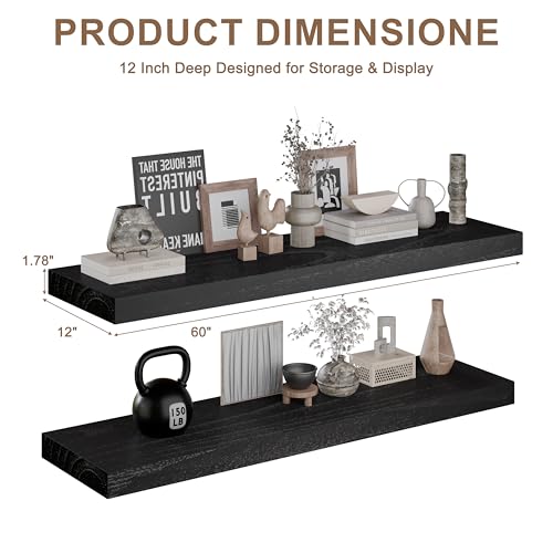 Image of 60 Inch Extra Long Floating Shelves, Set of 2 Deep Floating Shelves 12in Depth, Floating Shelves Long Heavy Duty Wood Shelves for Wall, Solid Wood Sleek Black