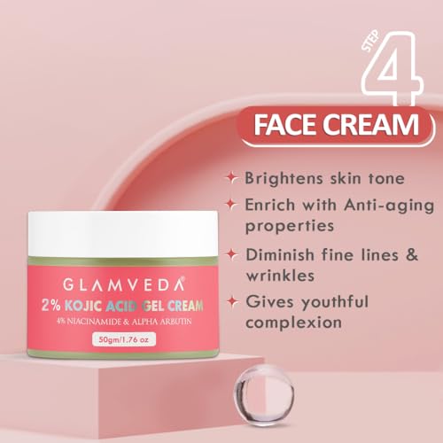 Image of Glamveda 2% Kojic Acid 4 Step Skincare Routine Facewash, Spot Corrector, Serum & Gel Cream For Remove Dark Spots, Pigmentation, Acne Scars, Clear and Glowing Skin | For Men & Women | All Skin Type