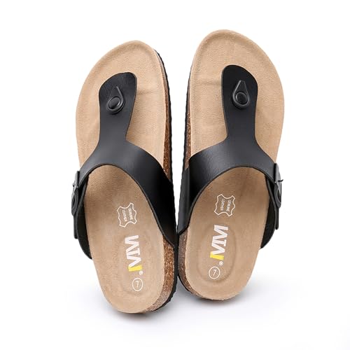 Image of WTW Cork Footbed Womens Sandals Genuine Leather Insole Slides Sandals for Women Adjustable Buckle Summer Sandals Outdoor Walking