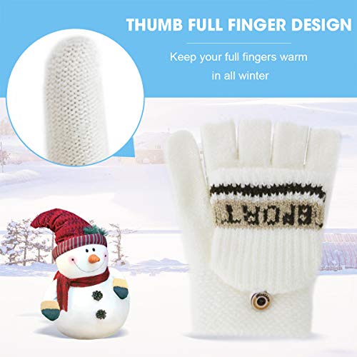 ORVINNER 2 Pairs Kids Winter Gloves Boys Convertible Fingerless Toddler Gloves, Children Warm Thicken Knit Gloves Baby Mittens (White/Gray-Green, 3-10 Years)
