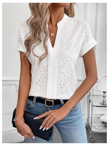 SweatyRocks Women's Boho Summer Blouses Eyelet Embroidery Dolman Short Sleeve V Neck Tops4
