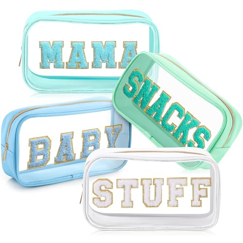 Image of SilTriangle 4 Pcs Mama and Baby Toiletry Bag Clear Chenille Letter Pouch Snacks Makeup Stuff Travel Diaper Bag Preppy Transparent Pouch with Zipper for Women Gift(Fresh Color)