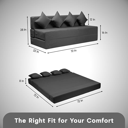 Image of Amazon Brand - Solimo 4 Seater 6 * 6 Jute Fabric Washable Cover Sofa Cum Bed with 4 Cushions 4 Seater Double Foam Fold Out Sofa Cum Bed (Finish Color - Grey Delivery Condition - Pre-Assembled)