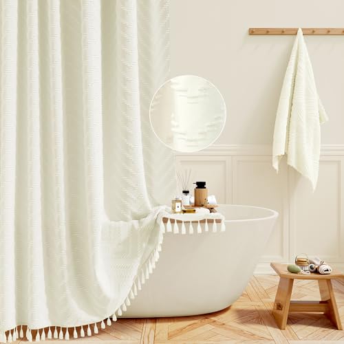 BTTN Boho Farmhouse Duschvorhang, Beige Getufteter Chevron-Badvorhang mit...