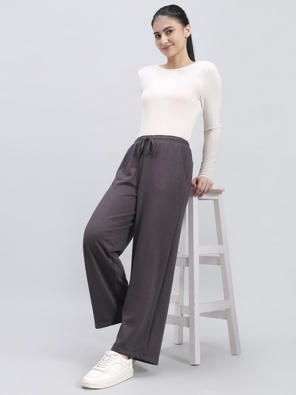 Image of GO COLORS Polycotton Fleece Wide Pants for Women | Relaxed Fit, High Rise