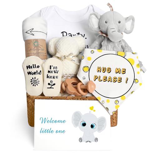 Image of Baby Shower Gifts, Neutral Baby Gift Baskets Woven Gift Box Muslin Swaddle Blankets Babies Lovey Toy Rattle Socks Bibs Onesies Infant Gift Essentials, Newborn Baby Gifts for Girls Boys