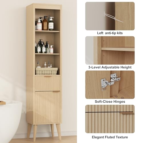 Image of 70 inch H Tall Storage Cabinet, Fluted Freestanding Floor Organizer for Bathroom, Kitchen Pantry, Utility Room, w /Drawer & Adjustable Shelves, Modern Accent in Natural Wood