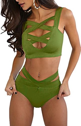 KUTAU Criss Cross High Waist Bandage 2PCS Bikini Set Swimsuit Green Medium