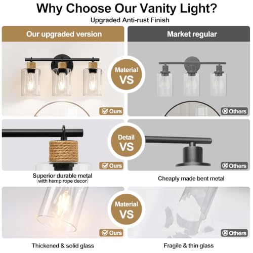 Image of MOKATNG Bathroom Light Fixtures, 3-Light Farmhouse Vanity Lights with Hemp Rope, Black Bathroom Wall Lamp for Mirror Kitchen Hallway Cabinet