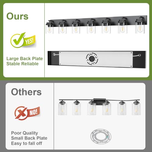Image of Black Bathroom Light Fixtures, 7 Lights Bathroom Lighting Fixtures Over Mirror, Square Design & Rectangle Large Backplate, Modern Vanity Lighting Fixtures, for Bathroom /Living Room /Bedroom