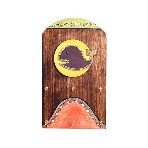 Image of AAKRITI ART CREATIONS Key Holder, Ona Key Hanger with Fish Motif and Beautiful Artwork | Rustic Wooden Wall Organizer with 6 Hooks | Storage Shelf for Keys, Hats | Multifunctional Entryway Decor Item