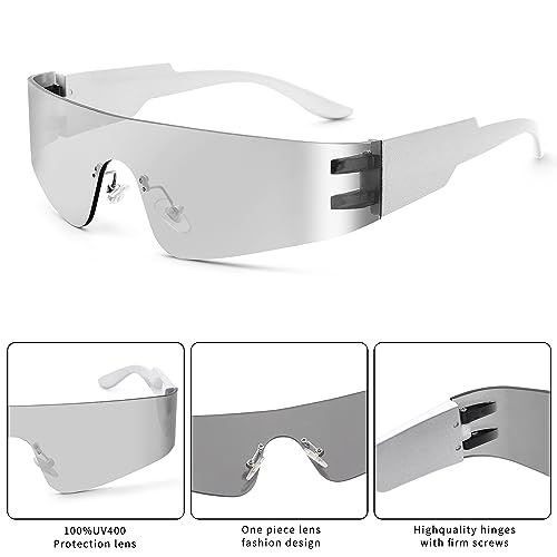 LIU·WEN Trendy Rimless Wrap Around Sunglasses for Women Fashion Futuristic Shield Flat Shades4