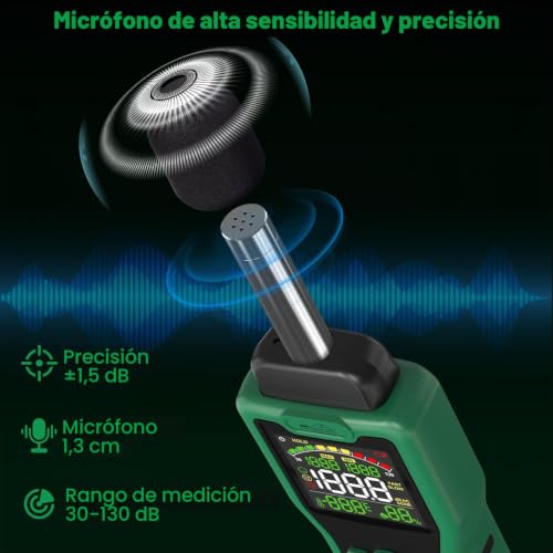 Miniatura 7 de Sonometro, Medidor De Decibelios Sqech Que Puede Medir Temperatura Y Humedad, Decibelimetro De Pantalla Retroiluminada A Color, Pondération A C, Unidades Db Sone, Respuesta Rápida Lenta, 30 130db