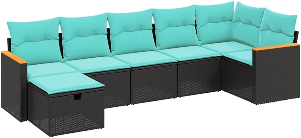 vidaXL Patio Sofa Set with Cushions - 7 Piece Outdoor Furniture, Black Poly Rattan, Modular Garden Seating for Terrace, Backyard, Deck