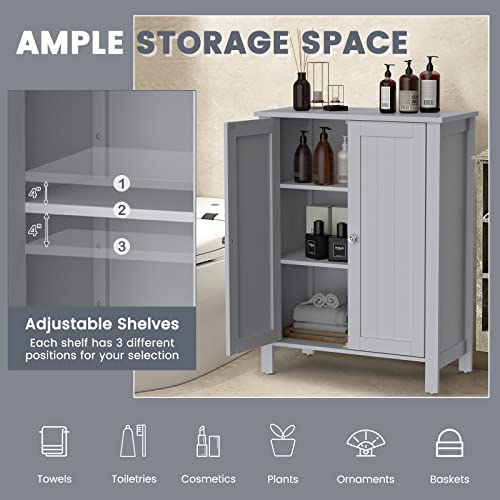 Costway Bathroom Floor Cabinet - Freestanding Side Storage Organizer With Double Doors & Adjustable Shelf, Wooden Storage Cabinet For Living Room, Bedroom, Kitchen, Entryway (Grey) #TOP4