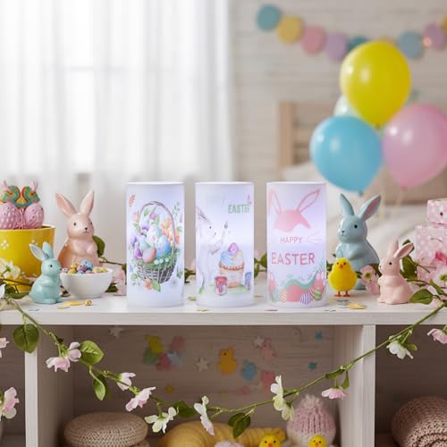 Image of 3PCS Easter Flameless Pillar Candles with Remote Control | Happy Easter Bunny Flower Rabbit Spring LED Candle Battery Operated, Colorful Flame, Long Lasting