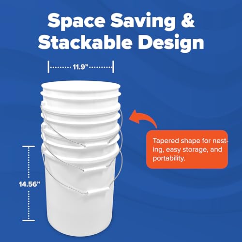 Image of ePackageSupply 5 Gallon Bucket - Food Grade Bucket BPA-Free, White, 60 Pack | Metal Handle Grip, Heavy-Duty 90 Mil HDPE Plastic Pail, Food Safe Stackable Utility Container, Lid Not Included, Made in USA