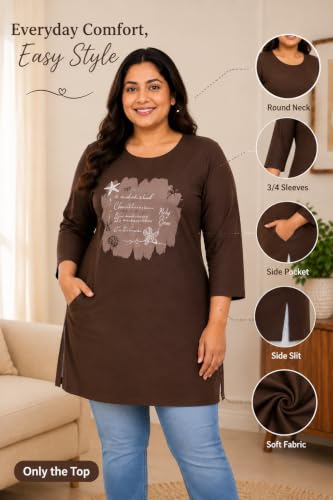 Image of RYSH Women's Plus Size Printed Nightshirt | Round Neck | 3 /4 Sleeve | Relaxed Fit Long Nightwear Top |