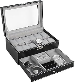 HAITRAL Watch Box,12 Slot Double-Layer Watch Box Premium Display Craft,Luxury Case Organizer,Elegant Organizer for Jewelry,Bracelets,Necklaces,Black