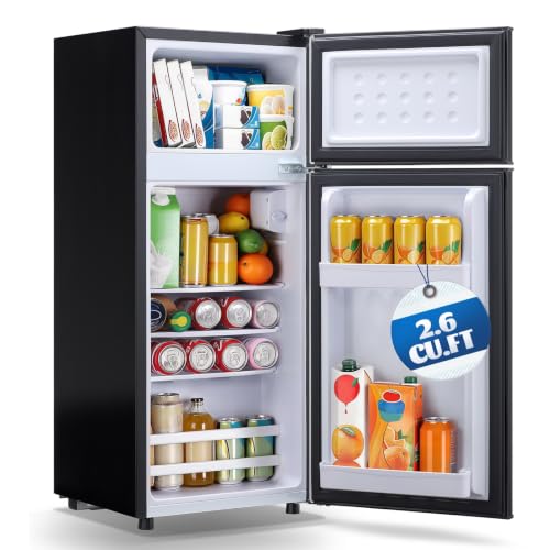 DEMULLER Mini Fridge with Freezer Ample Capacity 2.6 CU.FT Small Refrigerator with Top Freezer & 7 Adjustable Temperature 2 Door Small Fridge for Office, Dorm, Bedroom Black