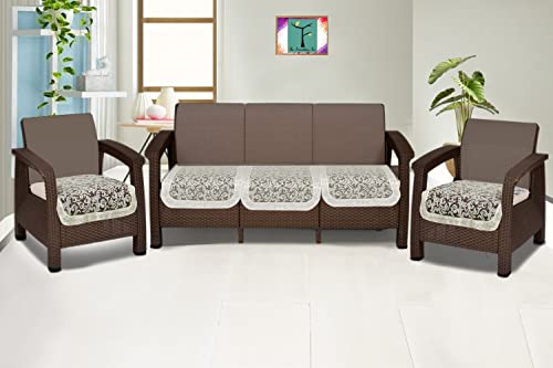 Image of The Furnishing Tree Cotton Floral Knitted Pattern 5 Pieces Bottom only 5 Seater Sofa Cover Set Offwhite