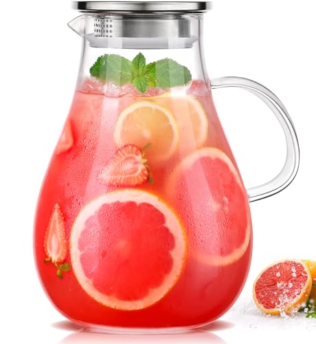 LUNA & MANTHA 1 Gallon Glass Pitcher with Lid, 128oz Glass Water Pitcher with Handle for Fridge, Borosilicate Large Water Jug, Iced Tea, Coffee and Sangria Hot/Cold Beverage (Extra-Wide Mouth)