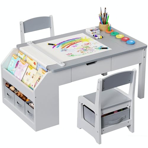 5-in-1 Kids Art Table and Chairs, Toddler Table and Chair Set, Craft Play Desk for Kids, Convertible Art Easel with Paper Roll Holder & Storage...