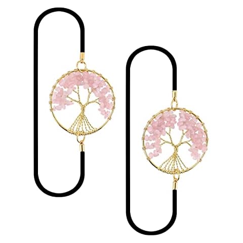 Yoption 2 Pack Tree of Life Elastic Bookmark, Golden Vintage Bookmarks with Rose Quartz Crystals Healing Stone Beaded Pendant for Student Teacher Graduation Mothers Day Christmas Gift Cover