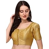 Dupion Solid Readymade Non-Paded Blouse Scoop Neck Top Short Sleeve Front Hook and Eye Closure Tie-Up Back Choli Sari Golden