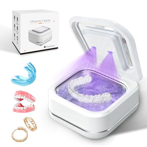 Ultrasonic Retainer Cleaner for Aligners, Mouth Guards & Dentures, 42kHz Compact Ultrasonic Denture Cleaner with Digital Timer, Portable Dental Cleaner for Home & Travel (White)