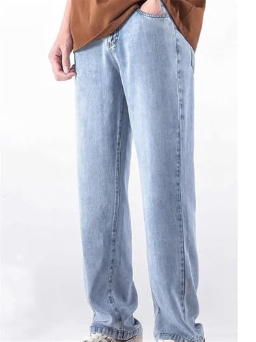 Men's Summer Thin Denim Jeans Loose Fit Straight Cut Elastic Waist Casual Long Trousers2