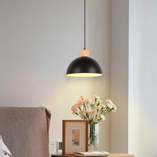 iDEGU 25cm Retro Pendant Light E27 LED Ceiling Light Modern Scandinavian Style Hemisphere Hanging Lampshade Metal Wood Pendant Light Fixture for Bedroom Dining Room Kitchen Restaurant (Black) - Image 3