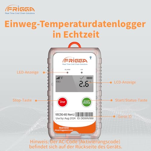 Frigga V5C-Non Li 4G/5G Single-Use Echtzeit-Temperatur-Feuchtigkeits-Datenlogger 28800 Punkte Digitaler Temperatur-Fernschreiber 60 Tage für Pharmazie Kühlketten-Logistik Hohe Genauigkeit