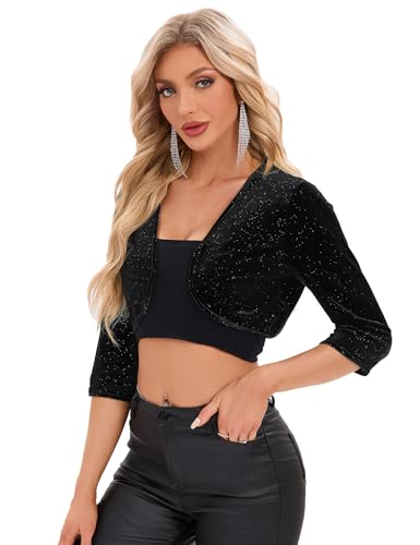 Image of Women's Shrug Cropped 3 /4 Sleeve Front Open Velvet Silver Cardigan Sprinkled Elegant High End Party Top